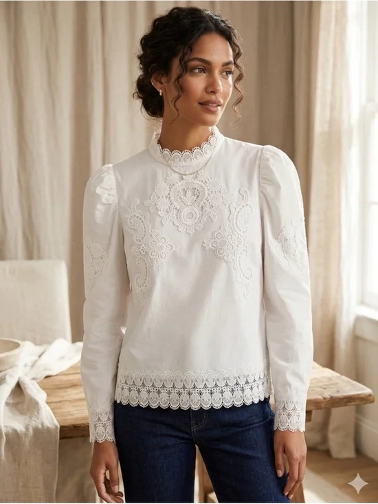 Zara White Lace-Detail Victorian-Inspired Blouse - Picture 1 of 10